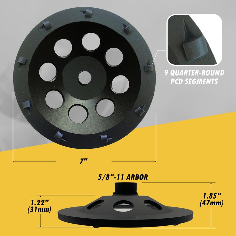 EDiamondTools 7" PCD Grinding Wheel for Epoxy, Glue, Mastic and Paint, 9 PCD Segments, 5/8"-11 Threaded Arbor - Image 4